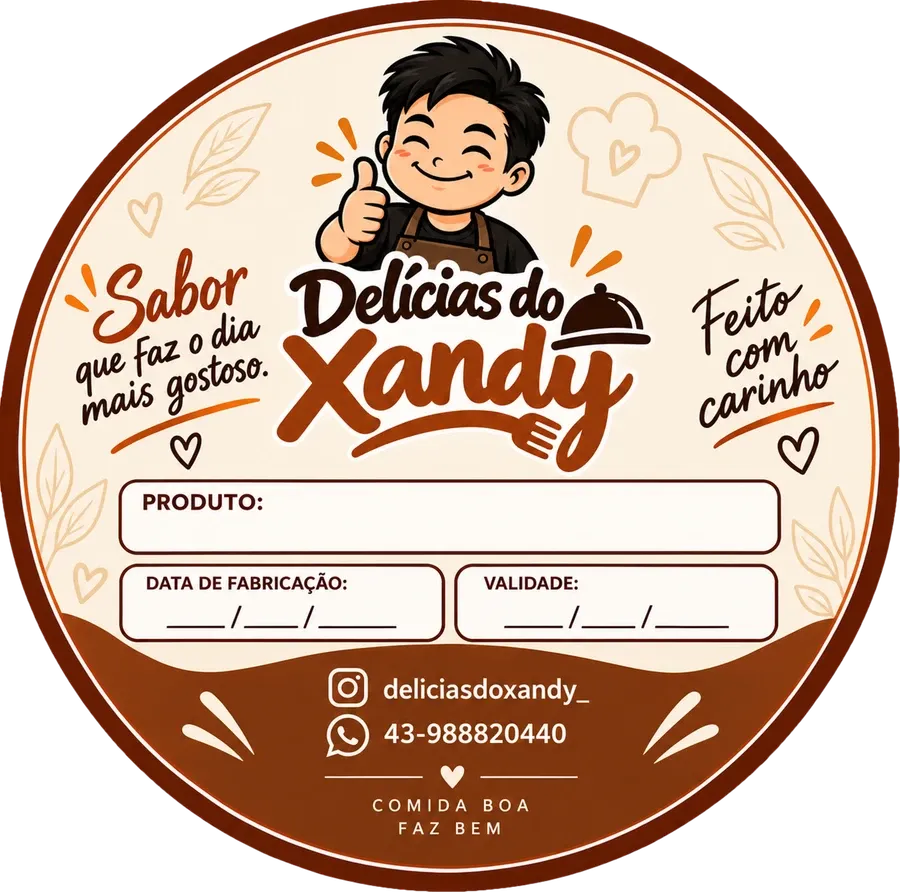 Etiqueta do Delícias do Xandy com campos de produto, data de fabricação e validade
